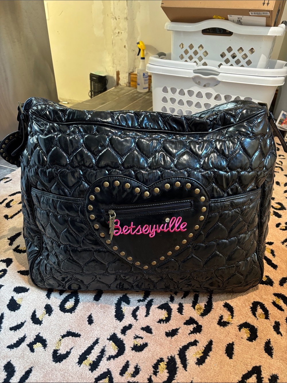 Betsey Johnson Black Quilted Heart Jumbo Weekender Bag with Gold Stud Detail
